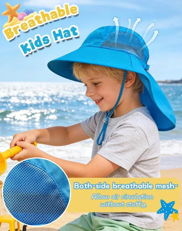 Alt view image 3 of 6 - Kids Sun Hat with Neck Flap UV Protection Summer Toddler Beach Hat Unisex Ponytail Hat Wide Brim Fishing Hat-Blue