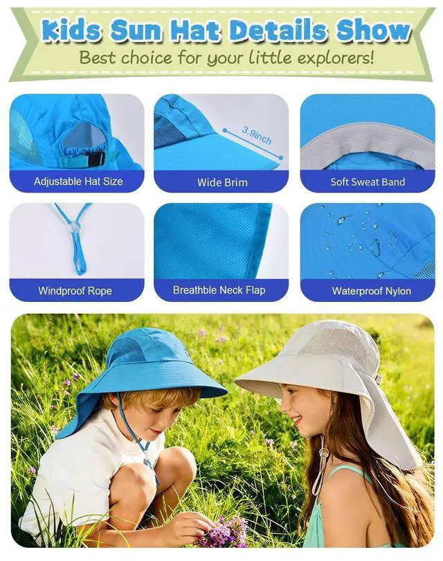Alt view image 4 of 6 - Kids Sun Hat with Neck Flap UV Protection Summer Toddler Beach Hat Unisex Ponytail Hat Wide Brim Fishing Hat-Blue