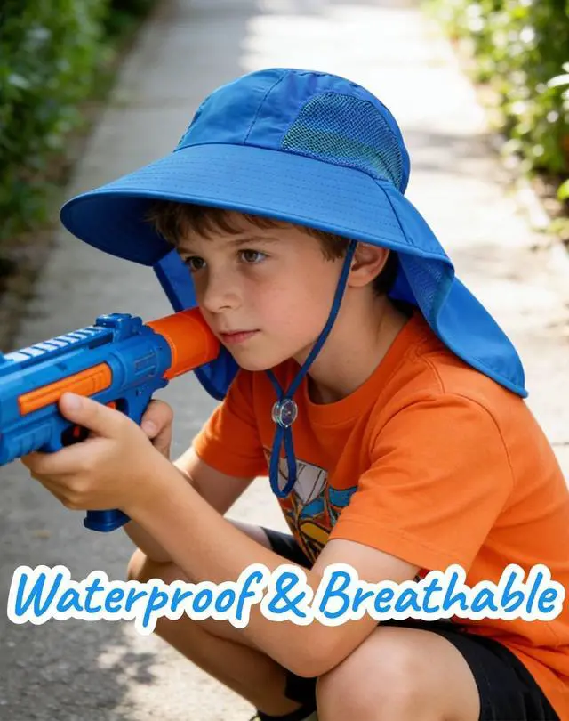 Alt view image 5 of 6 - Kids Sun Hat with Neck Flap UV Protection Summer Toddler Beach Hat Unisex Ponytail Hat Wide Brim Fishing Hat-Blue