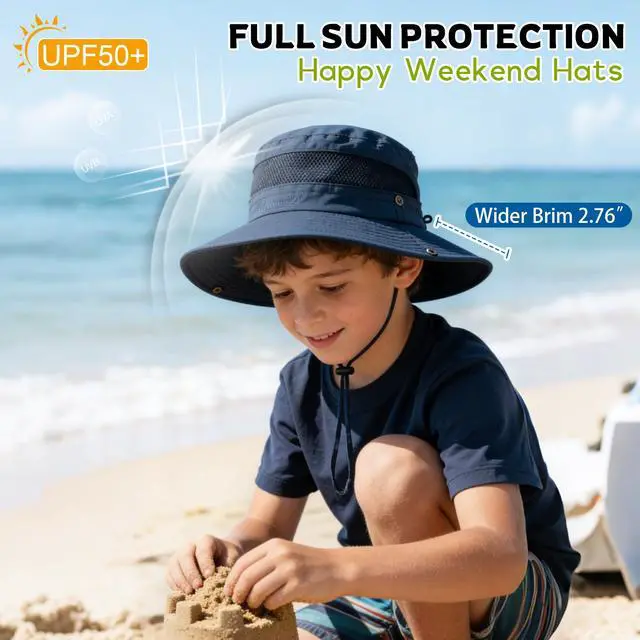 Alt view image 2 of 5 - UPF 50+ Kids Sun HatWide Brim Bucket Hats for Boys Beach Outdoor | Fits kids ages 5-13, Breathable mesh stay cool dry all day, Adjustable chin strap, Lightweight for beach, trip, fishing