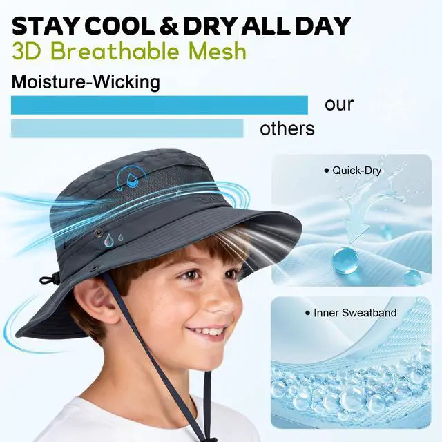 Alt view image 3 of 5 - UPF 50+ Kids Sun HatWide Brim Bucket Hats for Boys Beach Outdoor | Fits kids ages 5-13, Breathable mesh stay cool dry all day, Adjustable chin strap, Lightweight for beach, trip, fishing