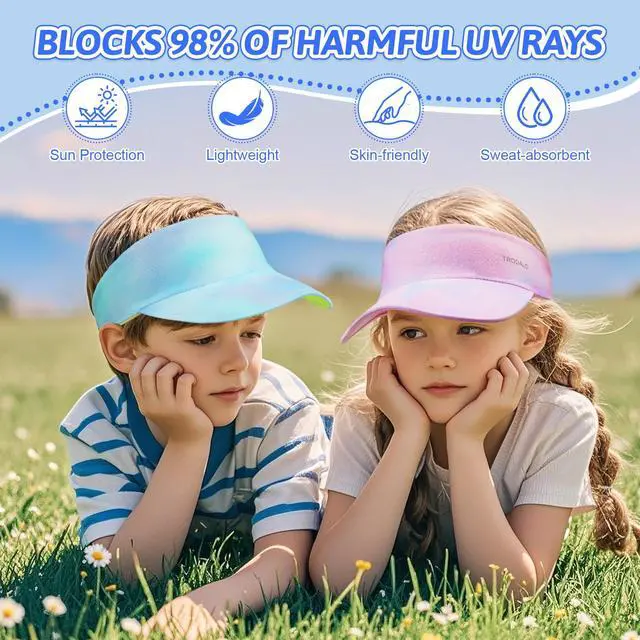 Alt view image 2 of 6 - Kids Sun Visor Hats for Girls Boys, Packable Cooling Stretchy Visor | Lightweight UPF50+ quick-dry visor hat for kids, colorful kids sun hat, stretch fit, for running, tennis, golf, school, beach