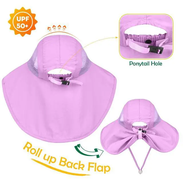 Alt view image 3 of 5 - Kids Sun Hat UPF50+ Summer Beach Play Sun Protection Hats with Neck Flap for Ages 5~14 Girls Boys (Purple)