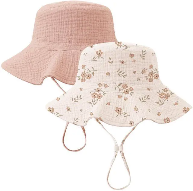 Main image of 2-Pack Muslin Baby Girl Sun Hats with Wide Brim, UPF 50+, 0-6& 6-12M | 100% Cotton Baby Bucket Hat for Sun Protection, Adjustable Chin Strap, Newborns,Infants & Toddlers