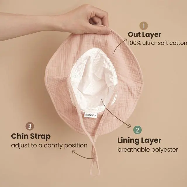 Alt view image 3 of 7 - 2-Pack Muslin Baby Girl Sun Hats with Wide Brim, UPF 50+, 0-6& 6-12M | 100% Cotton Baby Bucket Hat for Sun Protection, Adjustable Chin Strap, Newborns,Infants & Toddlers