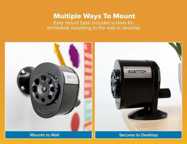 Alt view image 2 of 7 - Office Wall Mount Manual Pencil Sharpener, 8 Hole Dial, 6X Longer Cutter Life, Vertical or Horizontal Mounting, Black