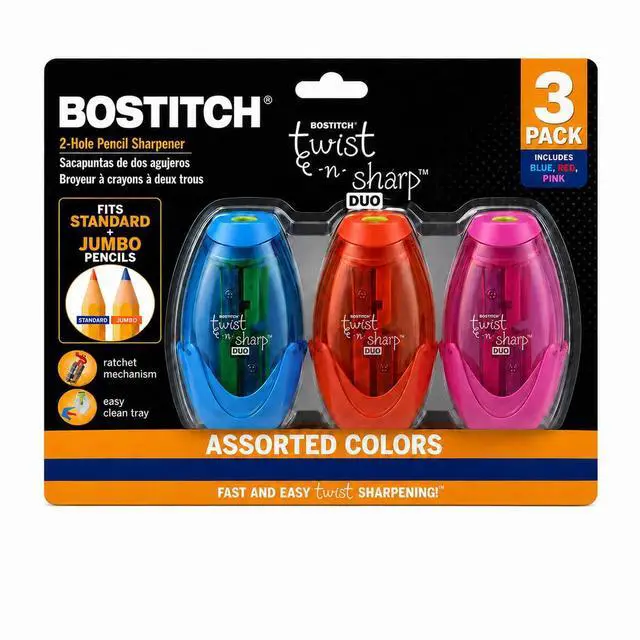 Main image of Office Pencil Sharpener, Manual, Twist-n-Sharp with Shavings Tray, Kids, Boys, Girls, Colored Pencils, 3-Pack, Blue, Orange, Pink