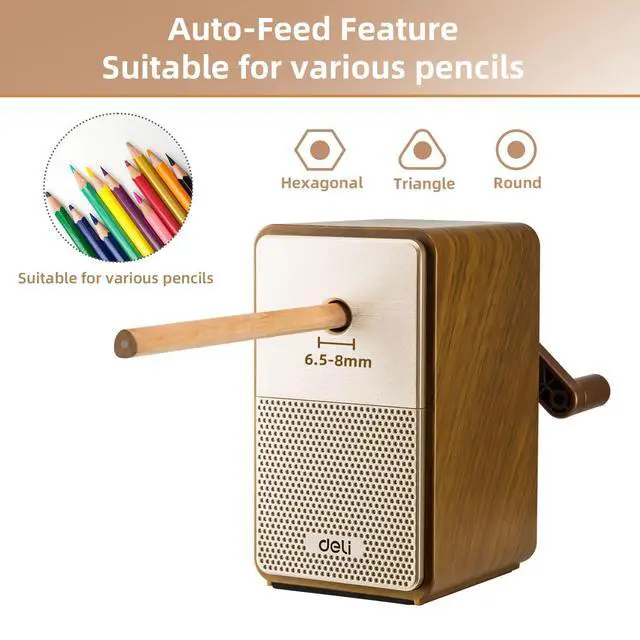 Alt view image 2 of 6 - Manual Pencil Sharpene, Brown | Auto-in Hand Crank Pencil Sharpener with Adjustable Point for Colored Pencils, Students, Kids, Classroom, Home, Office