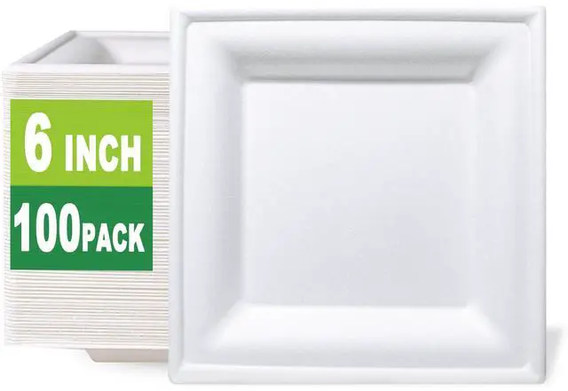 Main image of 100 Count 6 Inch Small Square Compostable plates, Heavy Duty Bagasse and Bamboo Fiber Plates