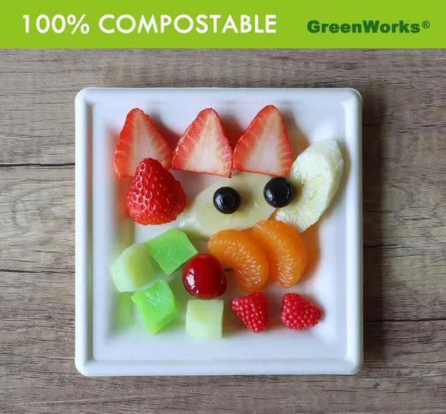 Alt view image 2 of 5 - 100 Count 6 Inch Small Square Compostable plates, Heavy Duty Bagasse and Bamboo Fiber Plates