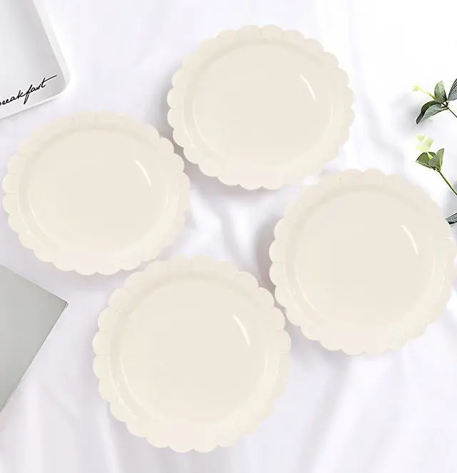 Alt view image 5 of 7 - 50 Pieces Ivory Paper Plates 7 Inch Ivory Scalloped Plates Disposable Dinner Plates for Wedding Baby Shower Birthday Party Dessert Plates