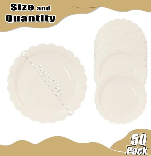 Alt view image 2 of 7 - 50 Pieces Ivory Paper Plates 7 Inch Ivory Scalloped Plates Disposable Dinner Plates for Wedding Baby Shower Birthday Party Dessert Plates