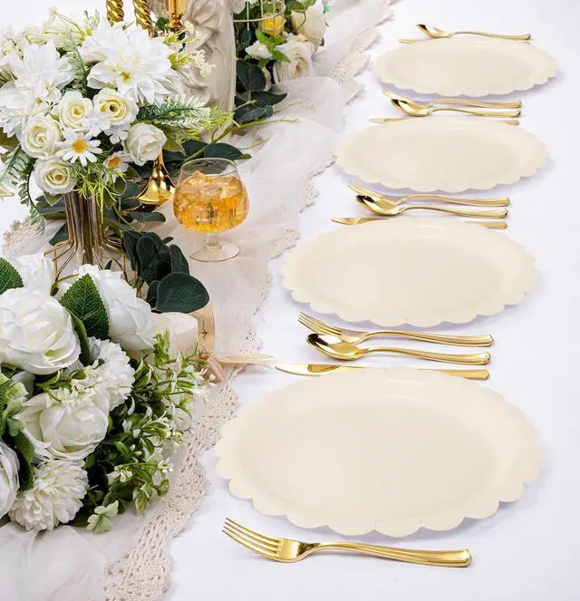 Alt view image 6 of 7 - 50 Pieces Ivory Paper Plates 7 Inch Ivory Scalloped Plates Disposable Dinner Plates for Wedding Baby Shower Birthday Party Dessert Plates