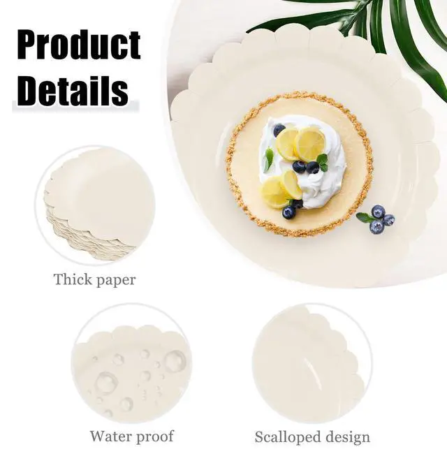 Alt view image 3 of 7 - 50 Pieces Ivory Paper Plates 7 Inch Ivory Scalloped Plates Disposable Dinner Plates for Wedding Baby Shower Birthday Party Dessert Plates
