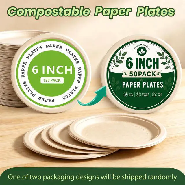 Alt view image 2 of 7 - 6 Inch Disposable Paper Plates 50 Pack, Heavy Duty Bagasse Plate | Eco Friendly Bagasse Plates with Strong Durability, Leak Resistance, Microwave Safety for Desserts,Meals,Parties,Picnics