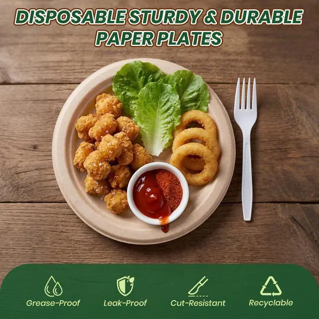 Alt view image 3 of 7 - 6 Inch Disposable Paper Plates 50 Pack, Heavy Duty Bagasse Plate | Eco Friendly Bagasse Plates with Strong Durability, Leak Resistance, Microwave Safety for Desserts,Meals,Parties,Picnics