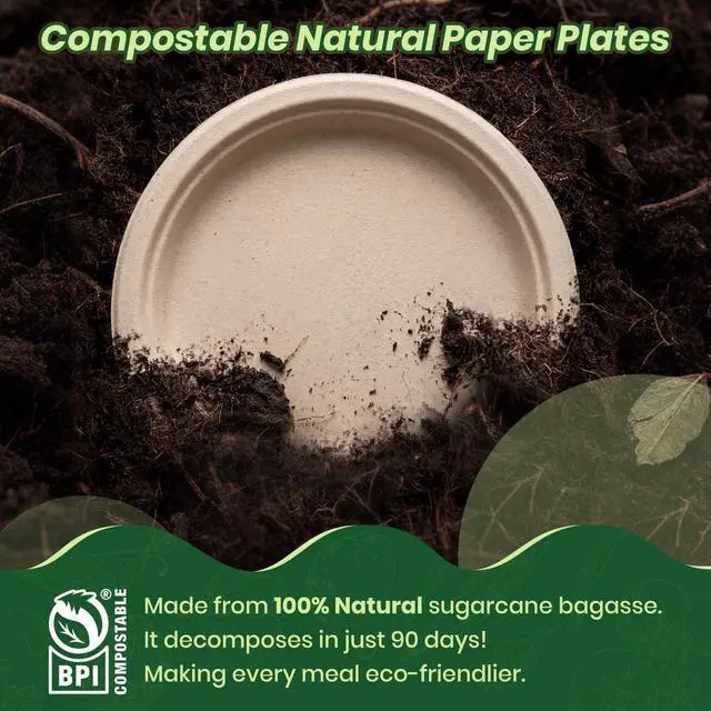 Alt view image 5 of 7 - 6 Inch Disposable Paper Plates 50 Pack, Heavy Duty Bagasse Plate | Eco Friendly Bagasse Plates with Strong Durability, Leak Resistance, Microwave Safety for Desserts,Meals,Parties,Picnics