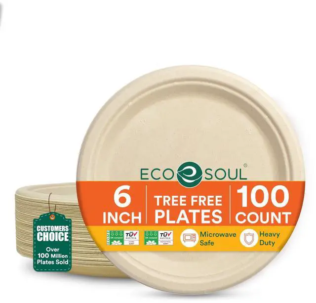 Main image of 6 Inch Disposable Bagasse Paper Plates (100 Pack, Round) | Natural, Compostable, 100% Virgin Bagasse Pulp, Heavy Duty, Biodegradable, Microwave Safe, Food Safe, Eco-Friendly