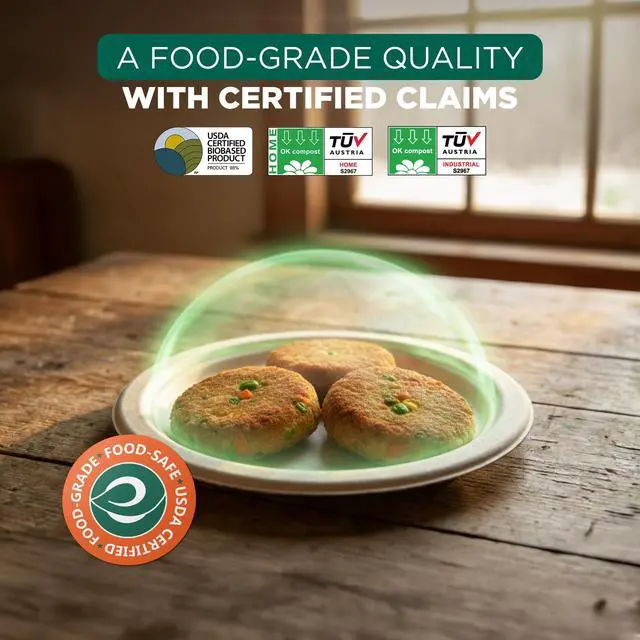 Alt view image 3 of 7 - 6 Inch Disposable Bagasse Paper Plates (100 Pack, Round) | Natural, Compostable, 100% Virgin Bagasse Pulp, Heavy Duty, Biodegradable, Microwave Safe, Food Safe, Eco-Friendly