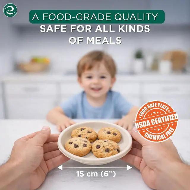 Alt view image 2 of 7 - 6 Inch Disposable Bagasse Paper Plates (100 Pack, Round) | Natural, Compostable, 100% Virgin Bagasse Pulp, Heavy Duty, Biodegradable, Microwave Safe, Food Safe, Eco-Friendly
