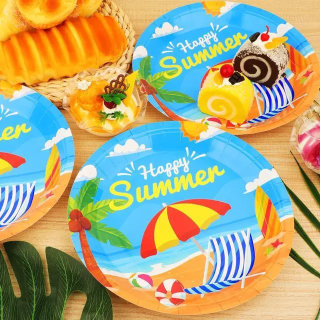 Alt view image 4 of 6 - 48 Pcs Summer Beach Party Plates 7inch Birthday Party Disposable Paper Dessert Plate Supplies Decorations Beach Theme Plates Tableware for Birthday Baby Shower