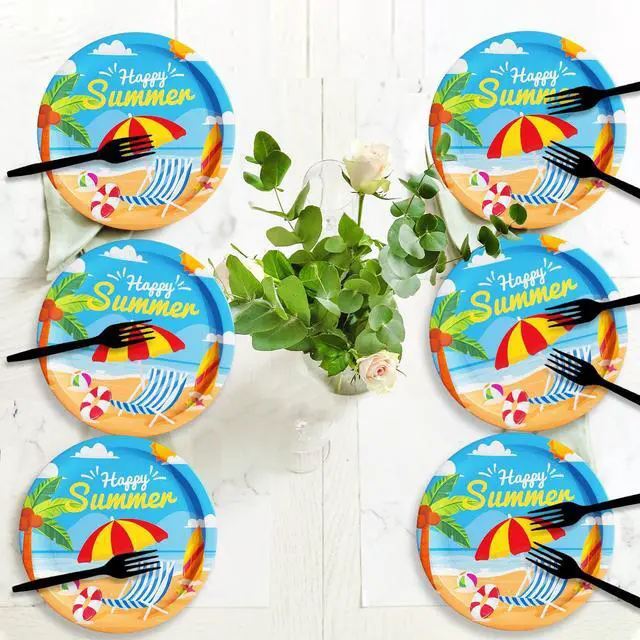 Alt view image 5 of 6 - 48 Pcs Summer Beach Party Plates 7inch Birthday Party Disposable Paper Dessert Plate Supplies Decorations Beach Theme Plates Tableware for Birthday Baby Shower