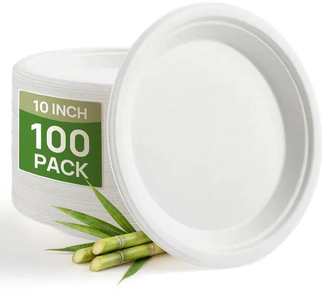 Main image of 10 Inch White Compostable Sugarcane Paper Plates, 100 Pack | 100% FSC Certified Bagasse Plates, Heavy Duty, Eco Friendly Disposable Dinnerware for Party, Wedding, BBQ & Everyday Use
