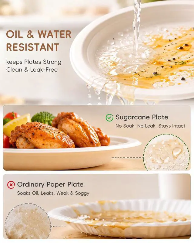 Alt view image 4 of 7 - 10 Inch White Compostable Sugarcane Paper Plates, 100 Pack | 100% FSC Certified Bagasse Plates, Heavy Duty, Eco Friendly Disposable Dinnerware for Party, Wedding, BBQ & Everyday Use
