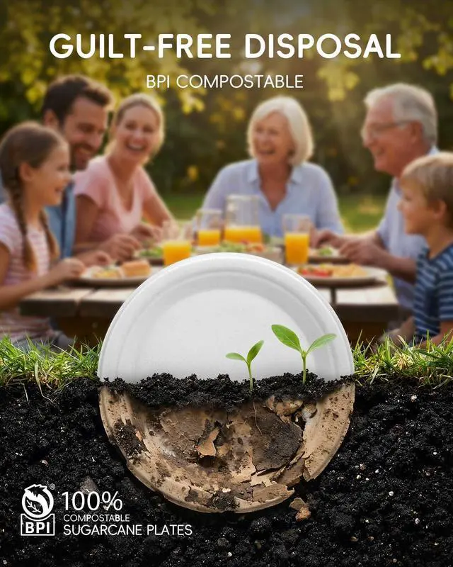 Alt view image 7 of 7 - 10 Inch White Compostable Sugarcane Paper Plates, 100 Pack | 100% FSC Certified Bagasse Plates, Heavy Duty, Eco Friendly Disposable Dinnerware for Party, Wedding, BBQ & Everyday Use