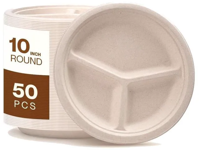 Main image of Disposable Plates - Compostable Paper Plates 10-inch - Made from Renewable Sugarcane Fiber - For Home, Catering, Schools, Healthcare Facilities - Round with 3 Compartments - Pack of 50