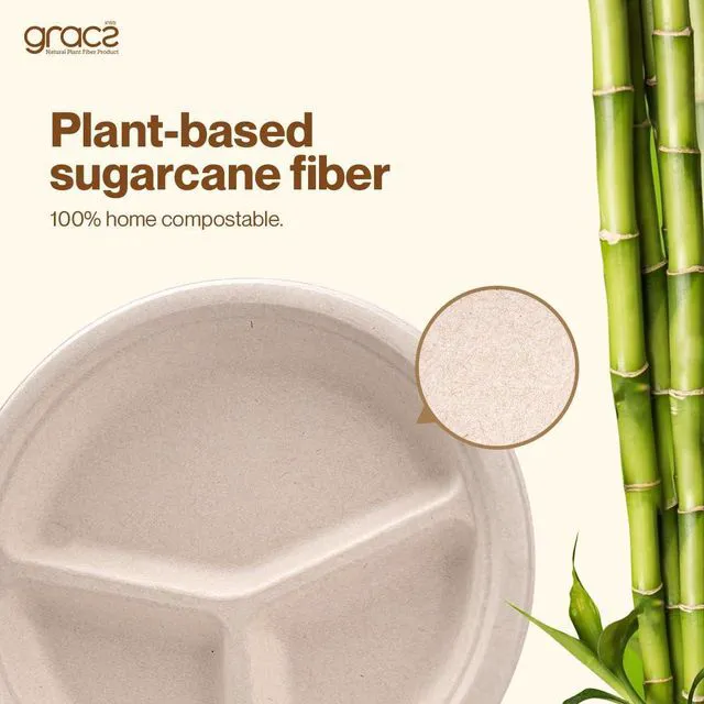 Alt view image 2 of 6 - Disposable Plates - Compostable Paper Plates 10-inch - Made from Renewable Sugarcane Fiber - For Home, Catering, Schools, Healthcare Facilities - Round with 3 Compartments - Pack of 50