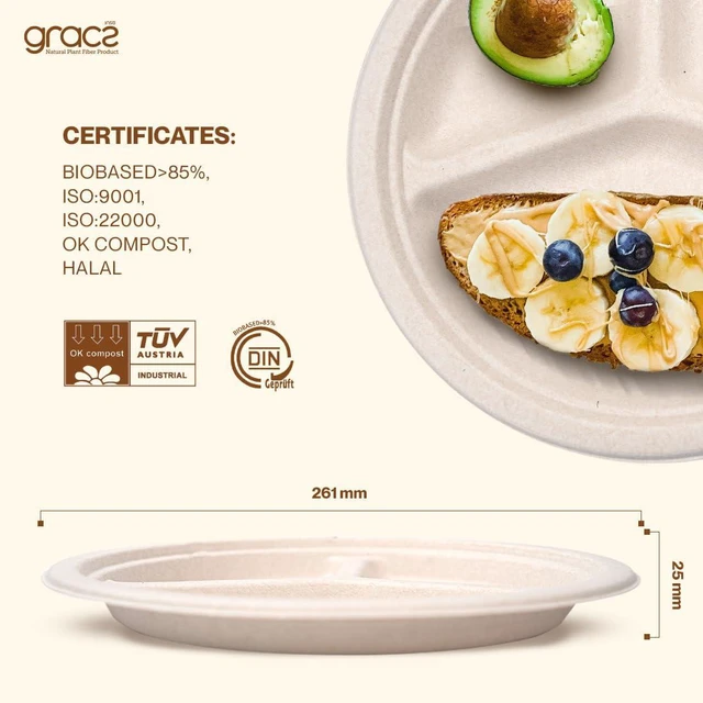 Alt view image 3 of 6 - Disposable Plates - Compostable Paper Plates 10-inch - Made from Renewable Sugarcane Fiber - For Home, Catering, Schools, Healthcare Facilities - Round with 3 Compartments - Pack of 50