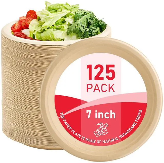 Main image of 125 Pack Compostable Paper Plates 7 Inch, Heavy Duty Disposable Dinnerware, Biodegradable Bagasse Sugarcane Fiber Round Plates, Unbleached Brown