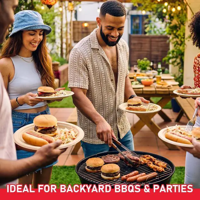 Alt view image 2 of 7 - 125 Pack Compostable Paper Plates 7 Inch, Heavy Duty Disposable Dinnerware, Biodegradable Bagasse Sugarcane Fiber Round Plates, Unbleached Brown