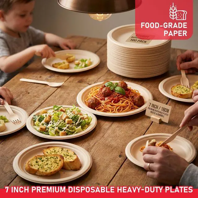 Alt view image 5 of 7 - 125 Pack Compostable Paper Plates 7 Inch, Heavy Duty Disposable Dinnerware, Biodegradable Bagasse Sugarcane Fiber Round Plates, Unbleached Brown