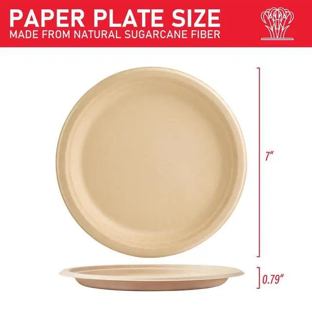 Alt view image 6 of 7 - 125 Pack Compostable Paper Plates 7 Inch, Heavy Duty Disposable Dinnerware, Biodegradable Bagasse Sugarcane Fiber Round Plates, Unbleached Brown