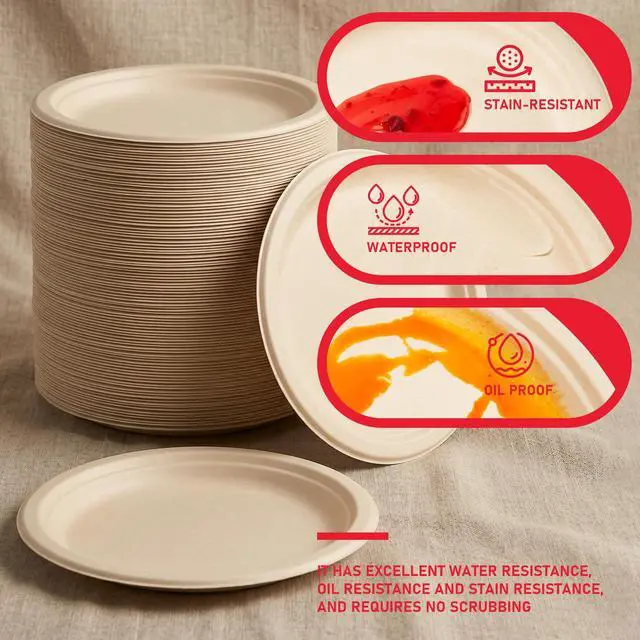 Alt view image 4 of 7 - 125 Pack Compostable Paper Plates 7 Inch, Heavy Duty Disposable Dinnerware, Biodegradable Bagasse Sugarcane Fiber Round Plates, Unbleached Brown