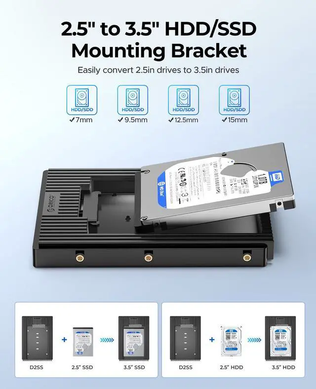 Alt view image 2 of 7 - 2.5 to 3.5 SATA Hard Drive Adapter Mounting Bracket Hard Drive Caddy for 7/9.5/12.5mm 2.5 inch HDD/SSD-D2SS