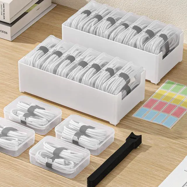 Main image of 2 Pack Cable Organizer Box with 14 Clear Switch Case, Cable Straps and Label Stickers, Travel Cord Organizer for Charging Cables, USB Wires, Earphones Drawer Organization for Home & Office