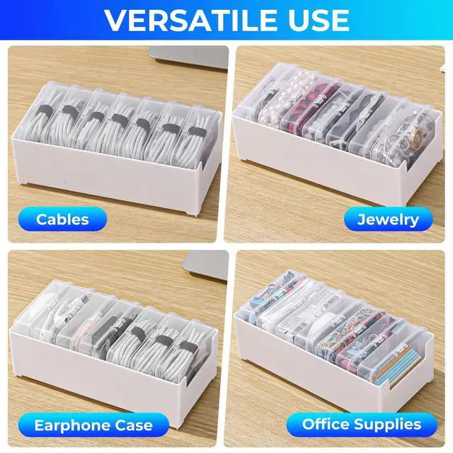 Alt view image 3 of 7 - 2 Pack Cable Organizer Box with 14 Clear Switch Case, Cable Straps and Label Stickers, Travel Cord Organizer for Charging Cables, USB Wires, Earphones Drawer Organization for Home & Office