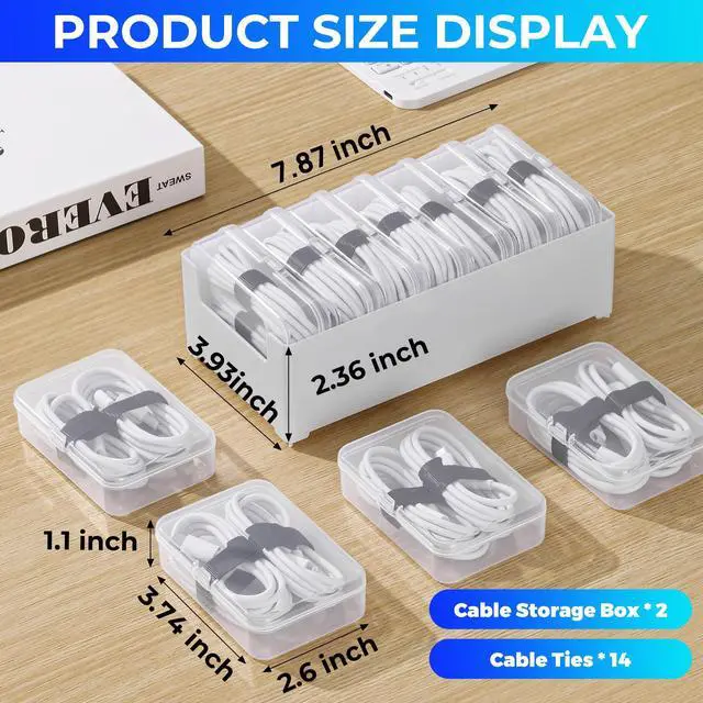Alt view image 2 of 7 - 2 Pack Cable Organizer Box with 14 Clear Switch Case, Cable Straps and Label Stickers, Travel Cord Organizer for Charging Cables, USB Wires, Earphones Drawer Organization for Home & Office