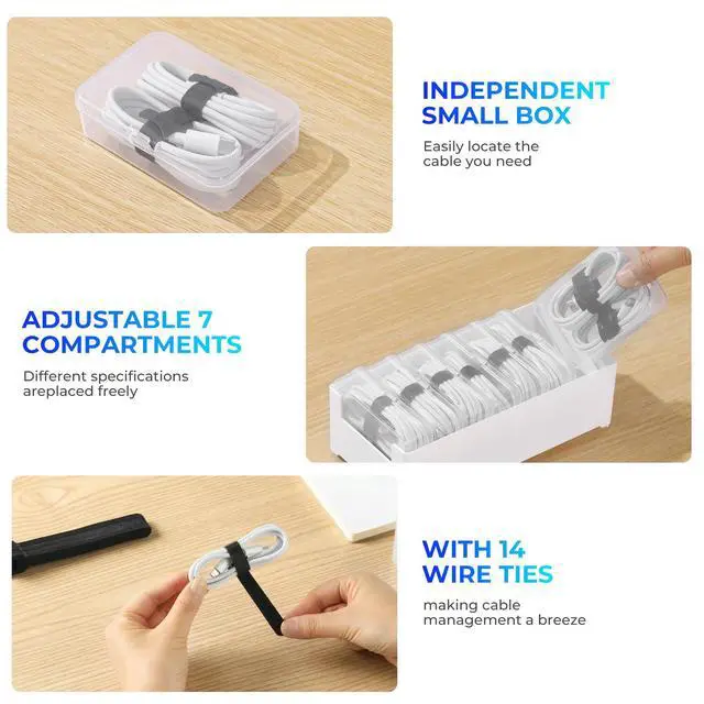 Alt view image 4 of 7 - 2 Pack Cable Organizer Box with 14 Clear Switch Case, Cable Straps and Label Stickers, Travel Cord Organizer for Charging Cables, USB Wires, Earphones Drawer Organization for Home & Office