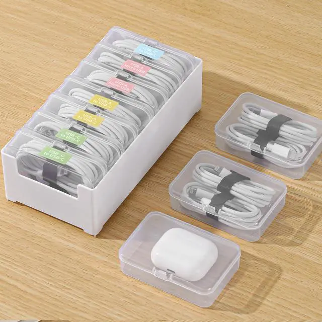 Alt view image 5 of 7 - 2 Pack Cable Organizer Box with 14 Clear Switch Case, Cable Straps and Label Stickers, Travel Cord Organizer for Charging Cables, USB Wires, Earphones Drawer Organization for Home & Office