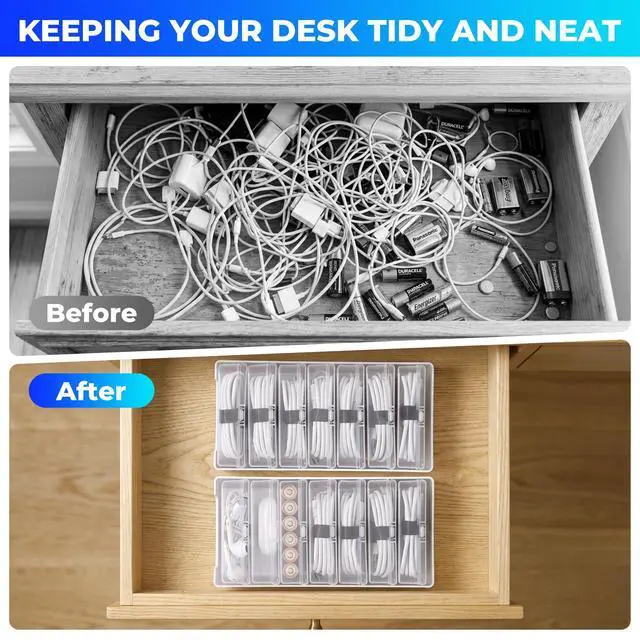 Alt view image 6 of 7 - 2 Pack Cable Organizer Box with 14 Clear Switch Case, Cable Straps and Label Stickers, Travel Cord Organizer for Charging Cables, USB Wires, Earphones Drawer Organization for Home & Office
