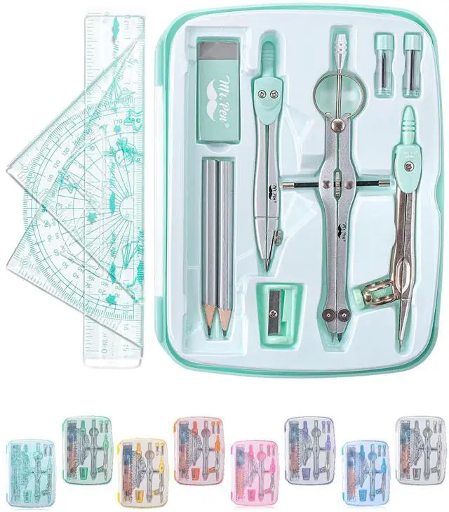 Main image of Geometry Set, 13 pcs, 3 Metal Compasses, Protractor, 6" Ruler | 45° & 30°/60° Set Squares, Pencils, Lead Refills, Sharpener & Eraser for Math, Drafting & Classroom Use | 45° & 30°/60° Set Squares