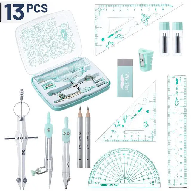Alt view image 2 of 7 - Geometry Set, 13 pcs, 3 Metal Compasses, Protractor, 6" Ruler | 45° & 30°/60° Set Squares, Pencils, Lead Refills, Sharpener & Eraser for Math, Drafting & Classroom Use | 45° & 30°/60° Set Squares