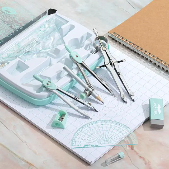Alt view image 3 of 7 - Geometry Set, 13 pcs, 3 Metal Compasses, Protractor, 6" Ruler | 45° & 30°/60° Set Squares, Pencils, Lead Refills, Sharpener & Eraser for Math, Drafting & Classroom Use | 45° & 30°/60° Set Squares
