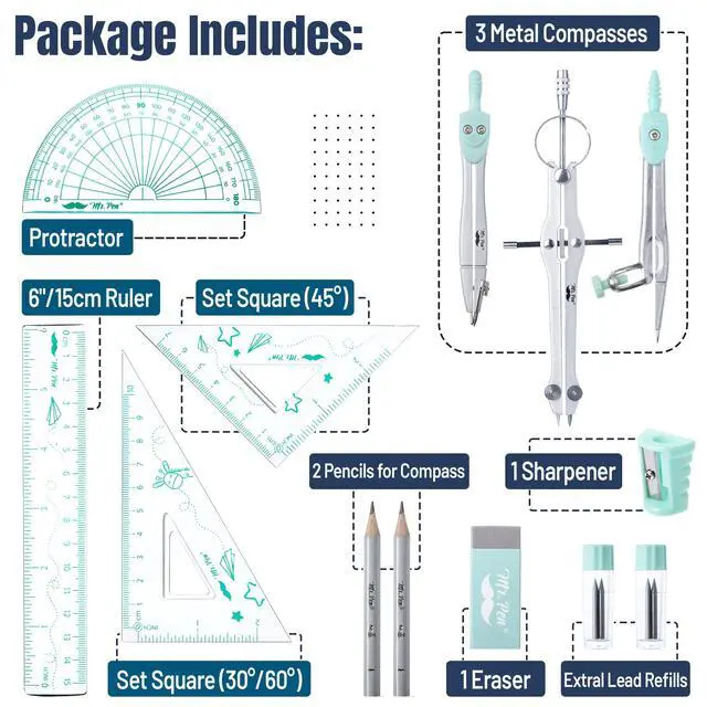 Alt view image 4 of 7 - Geometry Set, 13 pcs, 3 Metal Compasses, Protractor, 6" Ruler | 45° & 30°/60° Set Squares, Pencils, Lead Refills, Sharpener & Eraser for Math, Drafting & Classroom Use | 45° & 30°/60° Set Squares