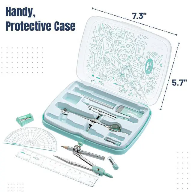 Alt view image 6 of 7 - Geometry Set, 13 pcs, 3 Metal Compasses, Protractor, 6" Ruler | 45° & 30°/60° Set Squares, Pencils, Lead Refills, Sharpener & Eraser for Math, Drafting & Classroom Use | 45° & 30°/60° Set Squares
