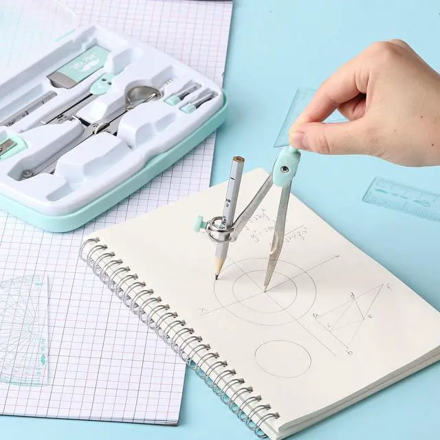 Alt view image 5 of 7 - Geometry Set, 13 pcs, 3 Metal Compasses, Protractor, 6" Ruler | 45° & 30°/60° Set Squares, Pencils, Lead Refills, Sharpener & Eraser for Math, Drafting & Classroom Use | 45° & 30°/60° Set Squares
